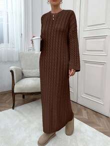 EURMUSE Women Cable Knitting Maxi Sweater Dress - Brown - View 3