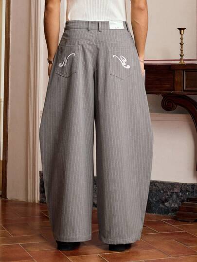 EASEVO 大码男士休闲宽松竖条纹蓝色长裤