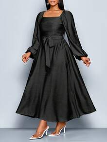 SOLERSUN Women's Plus Size Frenchy Solid Color Square Neck Long Sleeve Front Ruched Ruffle Hem A-Line Casual Elegant Dress , Spring/Summer New Women's Dresses