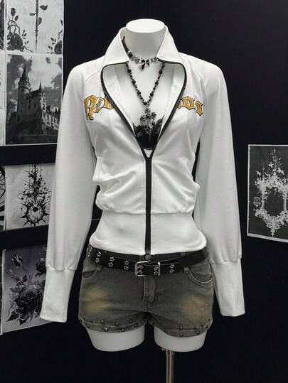 EgrlEra Women's Autumn Letter Print Raglan Sleeve Zip-Up Casual Jacket