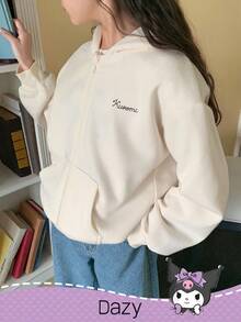 DAZY HELLO KITTY AND FRIENDS | SHEIN 少女卡通字母图案拉链连帽抓绒卫衣，冬季 - 米色 - 查看 4