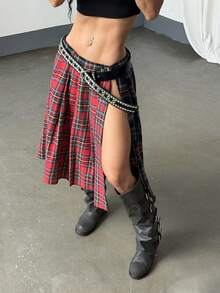 StreetHx Streetwear 女式拼色格子不对称下摆半身裙 - 彩色 - 查看 4