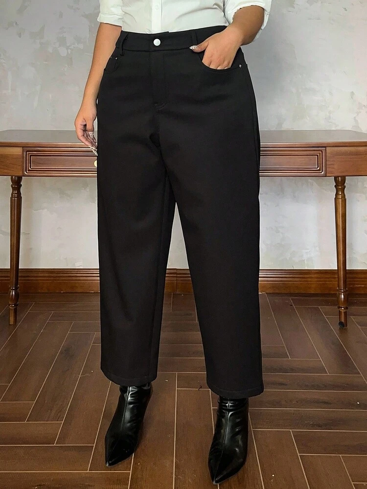 Dazy Plus Plus Size Thickened Solid Color Fashionable Casual Slim Straight Ankle-Length Pants, Versatile For Autumn/Winter Thermal Lined