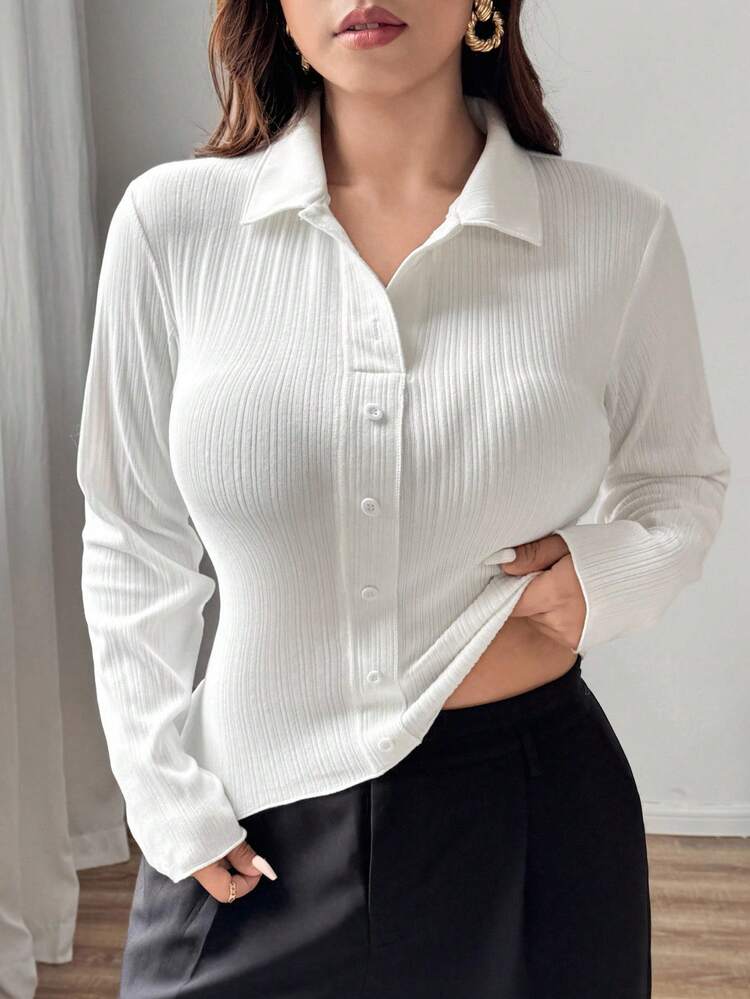 Dazy Plus Fashionable Casual Solid Color Half-Open Collar Fitted Short Long Sleeve White T-Shirt