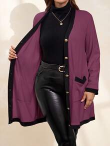 SHEIN Clasi 大码女式优雅舒适金属纽扣开襟长款保暖开衫，黑白相间，适合秋季，女士风衣，商务休闲女装 - 淺灰紫 - 查看 3