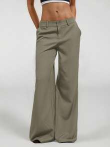 SHEIN PETITE 新款秋冬低腰休闲个性西装裤 - 軍綠色 - 查看 8