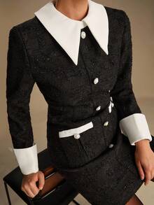 Enchnt Fall/Winter Romantic Women's Elegant Commuter Black Block Long Sleeves Patchwork Mini Dress,Sweet&Elegant&Fashionable For Date&Holiday&Birthday&Party&Wedding Guest&Office&Going Out&Afternoon Tea,Fall Dress For Women,Autumn Clothes - Black - View 4