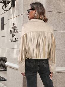 SHEIN LUNE Áo khoác thường ngày thiết kế tua rua tay dài cổ ve trơn màu cho nữ, mùa thu - Màu be - Xem 2