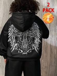 Coolane Conjunto informal de 2 piezas con capucha para adolescentes varones, con diseños de alas de ángel, cruz, textura de rosa, apuesto, punk, actitud, joven, personalidad - Negro - Ver 4