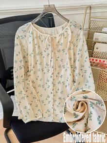 SHEIN Clasi Camisa Feminina Casual Solta de Manga Longa Versátil com Amarração na Frente, Plus Size - Damasco - Visão 4