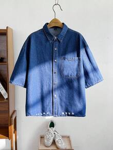 Manfinity VCAY 男士夏季短袖单排扣休闲口袋牛仔衬衫 - 藍色 - 查看 1
