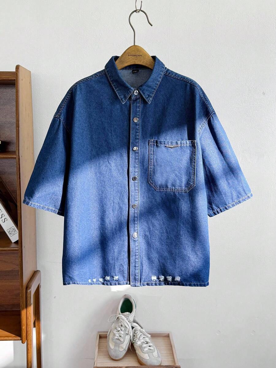 Manfinity VCAY 男士夏季短袖单排扣休闲口袋牛仔衬衫 - 藍色 - 查看 1