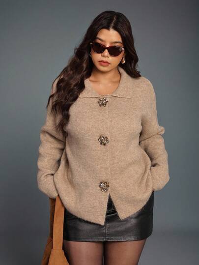 Elaquor 大码纯色休闲开衫，适合通勤，秋冬