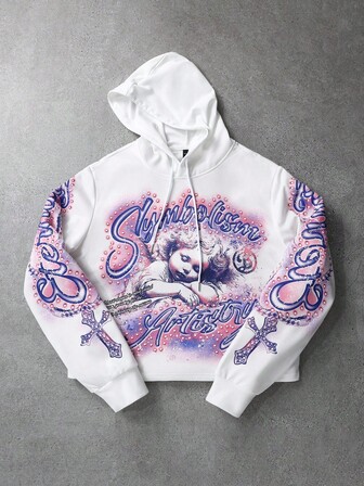 Street Life sweat-shirt à capuche décontracté pour hommes avec imprimé vintage d'ange et de lettres, cordon de serrage. Convient pour le printemps/automne