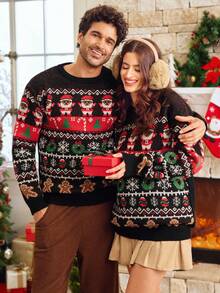 Manfinity VCAY Men's Crew Neck Long Sleeve Christmas Element Pattern Sweater, New Year Glamour - Black - View 3