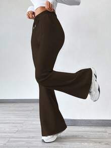 Flirla Damen einfarbige Fleece-Jogginghose mit Tunnelzug in der Taille und ausgestelltem Bein - Kaffeebraun - Übersicht 3