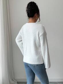 SHEIN Elenzya V-Neck Long Sleeve 3D Pearl Flower Women Sweater - Beige - View 2