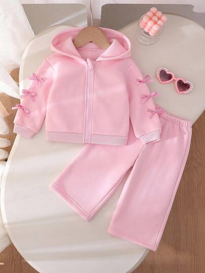 Souflis Souflis 2pcs Baby Girls Pink Fleece Knit Sweatshirt Jacket With Cute Bow Sleeve & Flared Knit Fleece Pants, Suitable For Autumn/Winter, Versatile For Casual, Home, Outings And Christmas