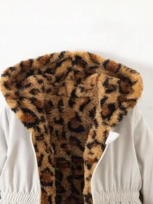 SHEIN 女婴新生儿0-3岁保暖双面连帽仿毛皮法兰绒豹纹/纯黑色中长外套，秋冬季 - 彩色 - 查看 4