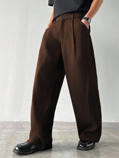 Claim Dot 男士厚阔腿裤，纯色，有口袋，褶皱，宽松，秋季