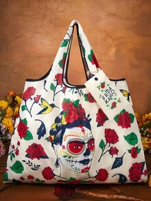 Frida Kahlo X SHEIN 1 túi mua sắm gấp gọn với hình vẽ hoạt hình dễ thương, túi tote có túi nhỏ kèm dây đeo, thích hợp cho các dịp: thiết kế hoa, Halloween, Ngày Lễ Người Chết, Ngày Lễ Người Chết, bộ xương và hoa, bộ xương, cúc vạn thọ, đầu lâu đường, nến - Nhiều màu - Xem 2