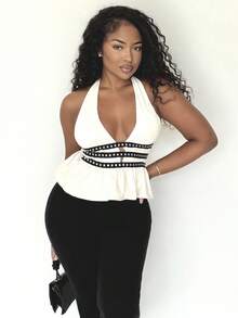 Alexandranx 夏季新款女士铆钉设计露背上衣 - 杏色 - 查看 1