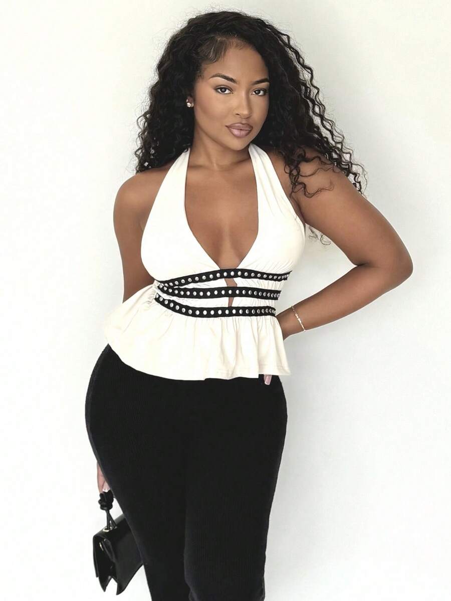 Alexandranx 夏季新款女士铆钉设计露背上衣 - 杏色 - 查看 1