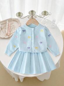 SHEIN Playful Pals 女宝宝可爱3D蝴蝶结针织开衫毛衣和裙子两件套，秋冬 - 淺藍色 - 查看 3