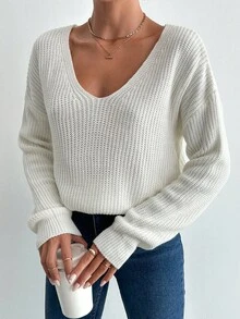 SHEIN Cottnline V-neck Drop Shoulder Sweater - White - View 4