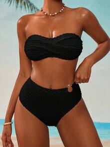 Oceva Conjunto de bikini sexy de unicolor con escote halter cruzado para mujer, ideal para playa de verano - Negro - Ver 3