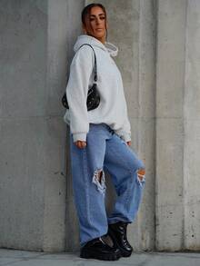 SAYEHFBABY Women's Loose Fit Casual Straight Leg Jeans With Pockets And Distressed Holes,Ladies Casual Pocket,Ripped,Zipper High Waist Straight Leg Long Medium Wash Cargo Pants Regular Fit Women Jeans,Spring/Fall,Casual Daily Wear - Medium Wash - View 4