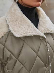 EURMUSE Padded Coat With Fur Collar And Patchwork, Two Pockets At Front, Snap Buttons, Quilting Details - Mocha Brown - View 9