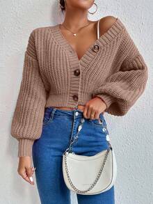 EMERY ROSE Cárdigan de punto casual de manga larga y hombros caídos de unicolor para mujer, otoño/invierno - Champán - Ver 5
