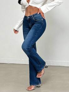 EURMUSE Women's Dark Washed Petite Flare Jeans, Casual & Versatile Flare Jeans Women Low Rise Jeans Y2k Bootcut Women Jeans - Dark Wash - View 4