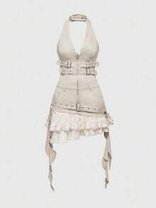 ROMWE Grunge Punk Y2K 破洞设计荷叶边系带拼接女式挂脖牛仔连衣裙 - 杏色 - 查看 1