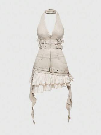Grunge Punk Y2K Distressed Design Ruffle Tie Patchwork Women's Halter Neck Denim Dress