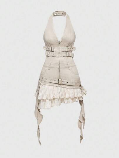 Grunge Punk فستان جينز نسائي بياقة حلقة مشدود بتصميم مخطط ومزين بالكشكشة من طراز Y2K