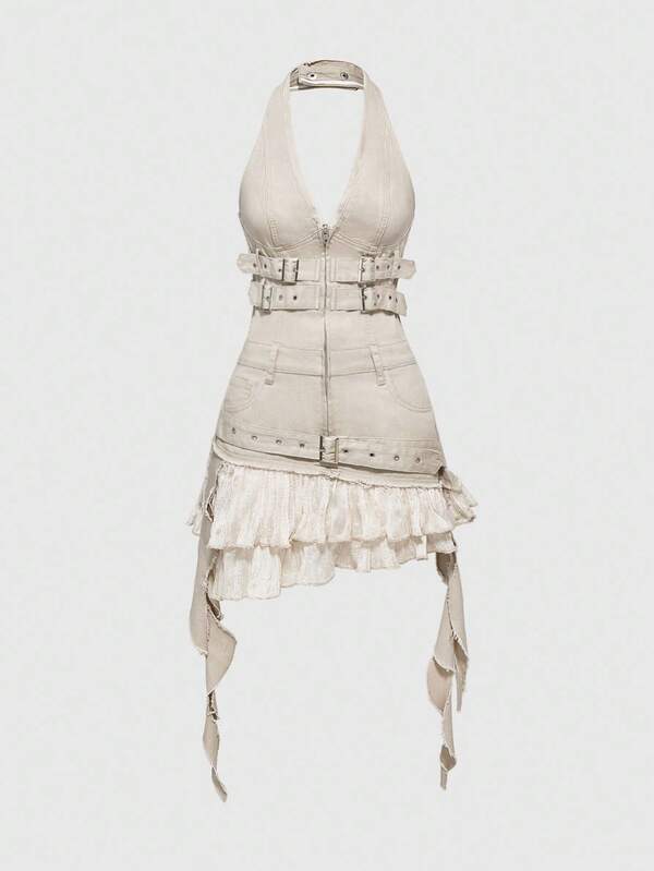 ROMWE Grunge Punk Y2K Distressed Design Ruffle Tie Patchwork Women's Halter Neck Denim Dress