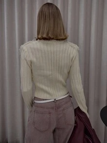 MUSERA 高领拉链厚罗纹针织毛衣，正面饰有毛茸茸的流苏，街头风，优雅休闲，性感迷人，适合外出、晚宴、派对等场合。 - 奶油色 - 查看 2