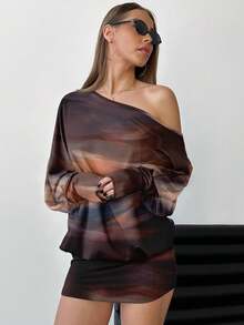 Aloruh 性感紧身迷你连衣裙，扎染肩部镂空和全身印花，棕色纹理迷你连衣裙，适合秋季穿着，复古做旧风格连衣裙，适合派对、音乐节、俱乐部聚会 - 彩色 - 查看 6