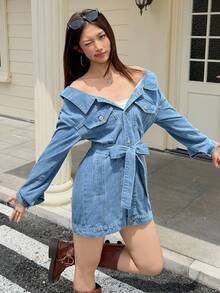 SHEIN EZwear 女式长袖单排扣时尚露肩性感牛仔连衣裙 - 藍色 - 查看 7
