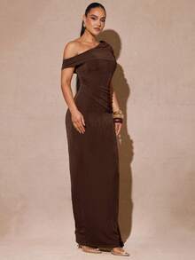 Silquee 女士优雅时尚派对纯色不对称领口荷叶边修身连衣裙，婚礼宾客礼服 - 咖啡棕 - 查看 4