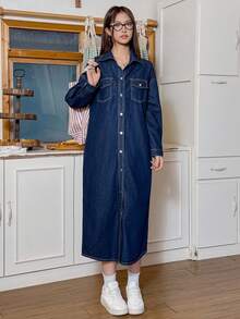 SHEIN EZwear 女式纯色休闲长袖牛仔连衣裙 - 藍色 - 查看 1