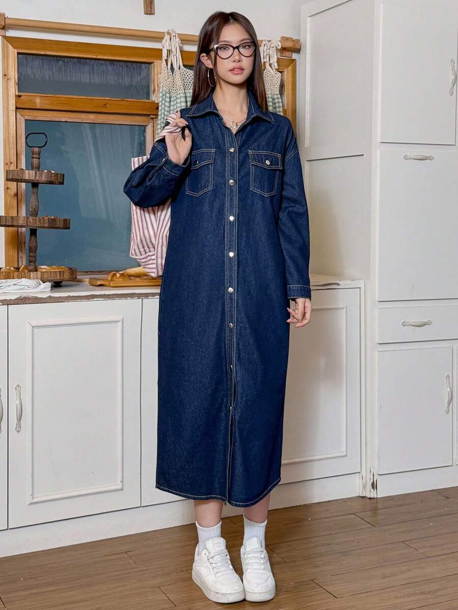 SHEIN EZwear 女式纯色休闲长袖牛仔连衣裙 - 藍色 - 查看 1