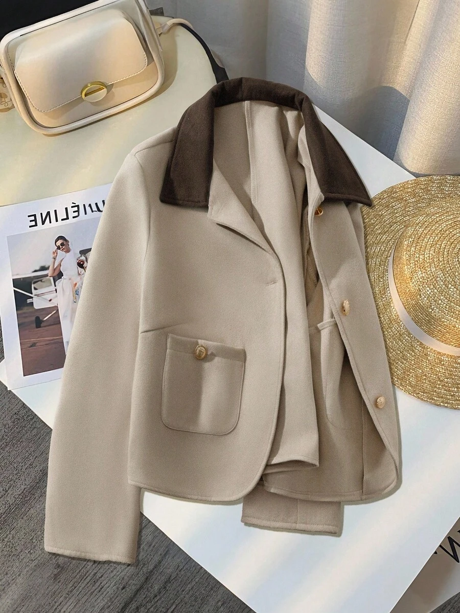 SHEIN Clasi 大码女式翻领撞色优雅休闲外套,适合户外活动和通勤。 - 彩色 - 查看 1