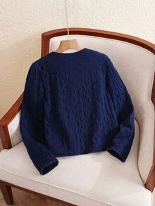 EMERY ROSE 女士圆领单排扣休闲牛仔夹克，秋季 - 中等水洗藍 - 查看 2