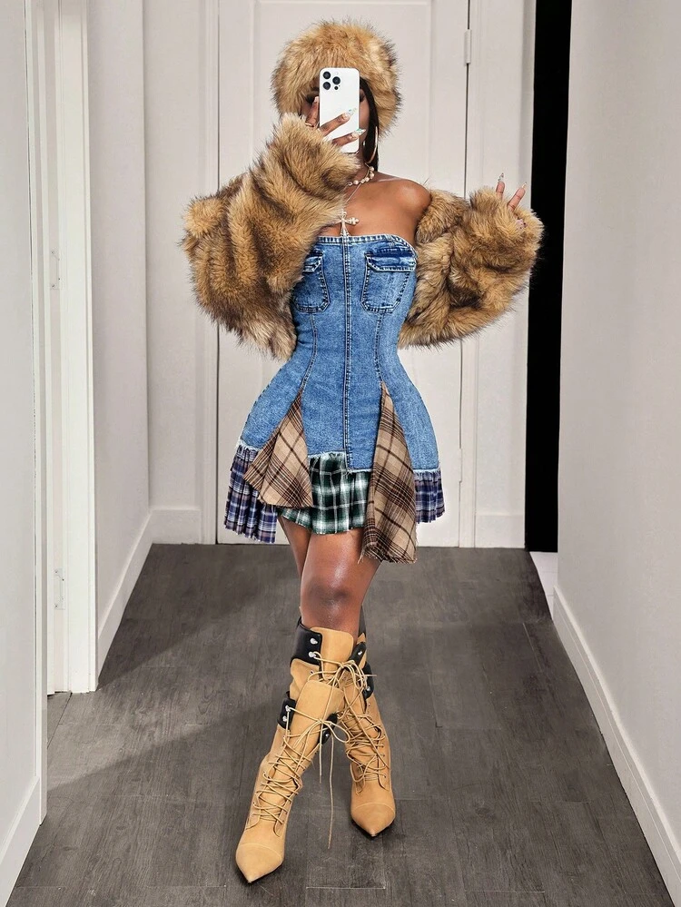 BamGleam Vestido Denim Fashionável com Bainha Assimétrica, Retalhos e Xadrez para Mulheres - Azul - Visão 6