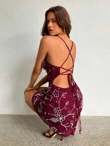 Aloruh Elegante y sexy vestido de tirantes con bordado de cuentas burdeos y espalda descubierta, para verano - Burdeos - Ver 7