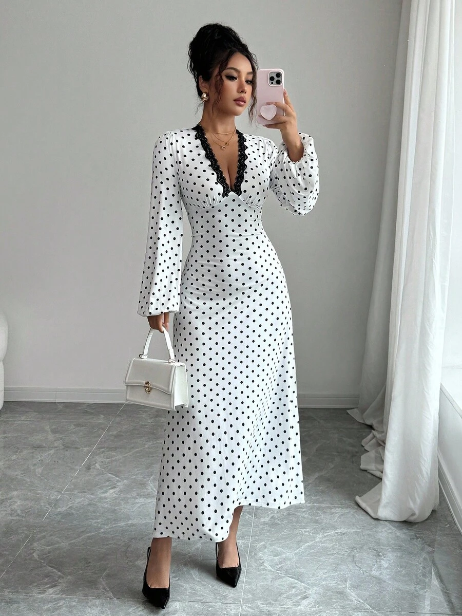 INAWLY Vestido feminino de manga comprida com decote em V e bolinhas, ideal para férias, encontros e passeios, outono/inverno - Branco - Ver 1