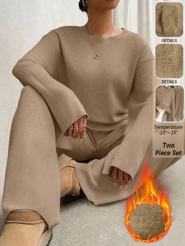 EMERY ROSE New Fashion Autumn/Winter Round Neck Fluffy Loose Casual Slouchy Knitted Wide Leg Pants & Sweater 2 Pieces Set